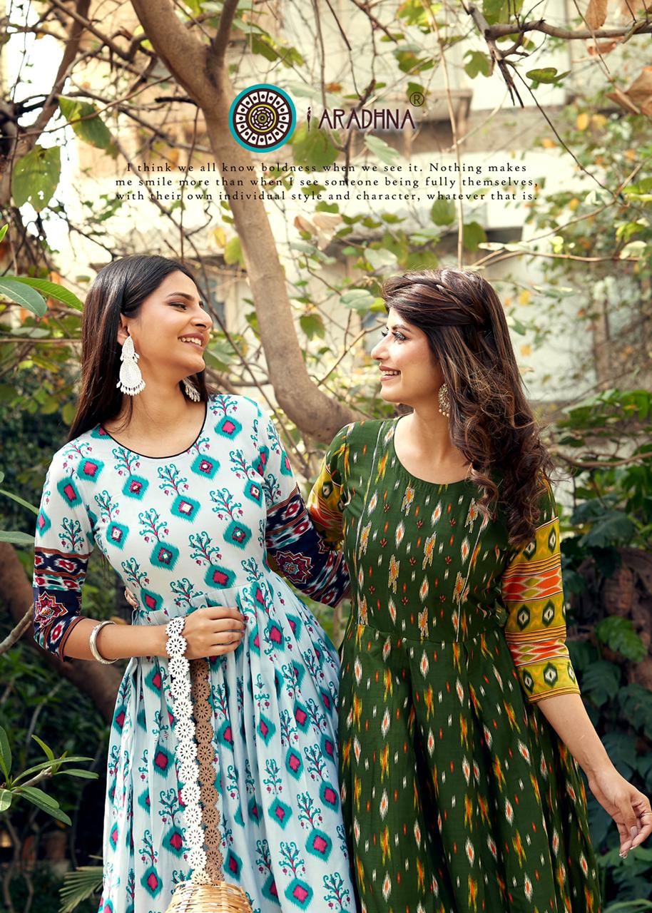 Aradhna Ikat 2 Heavy Rayon Designer Printed  Anarkali Long Kurti Collection